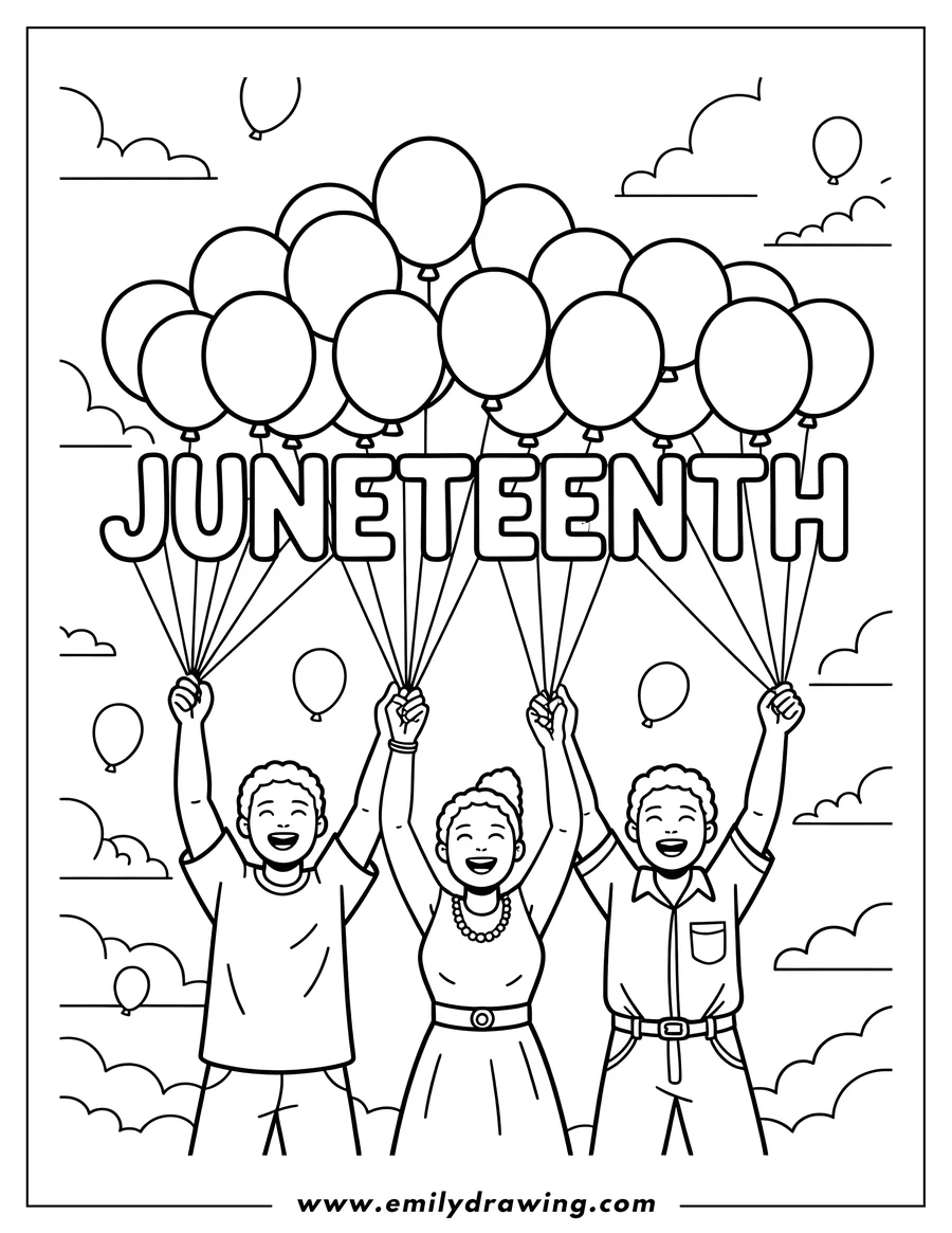 Line art of three smiling people holding balloons that spell out JUNETEENTH against a cloudy sky.