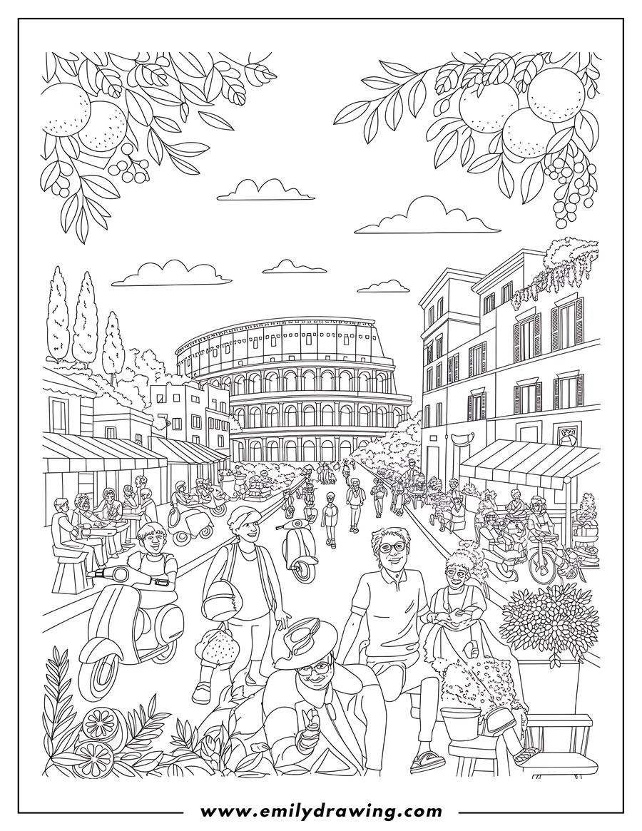 Outline of people walking and riding scooters on a busy street in Rome, with the Colosseum visible in the background.