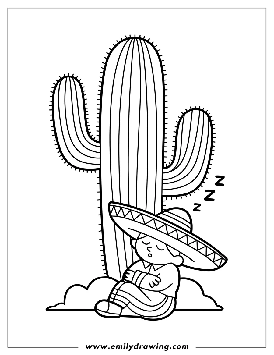 Outline of a person wearing a sombrero, sleeping at the base of a tall cactus.
