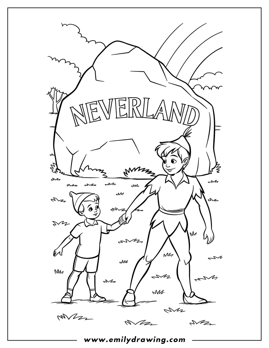 Line art of Peter Pan and a young boy holding hands in Neverland by a large rock with 'Neverland' carved into it, a tree to the left, and a rainbow in the background.