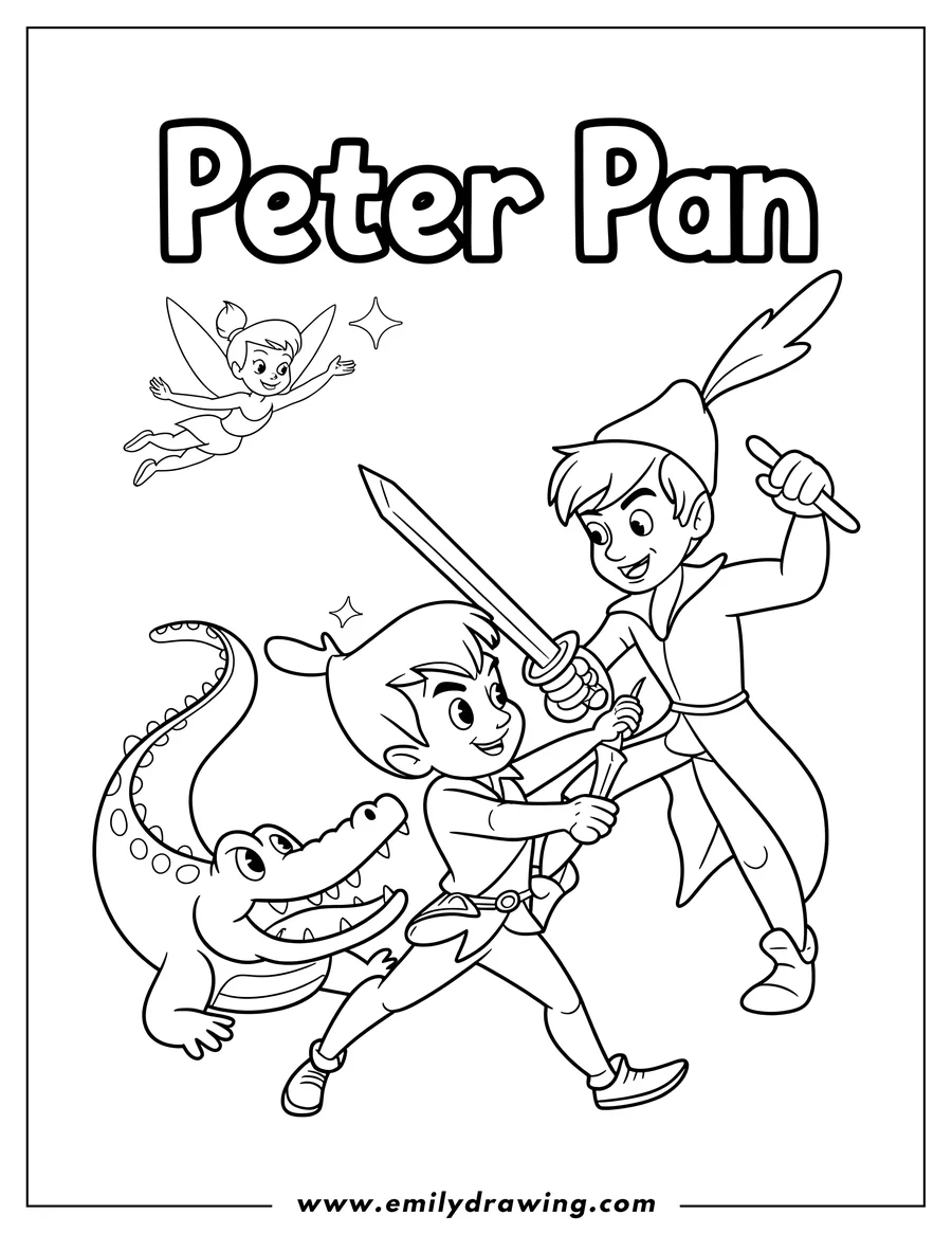 Line art of Peter Pan and Captain Hook sword fighting, watched by Tinkerbell and a crocodile.