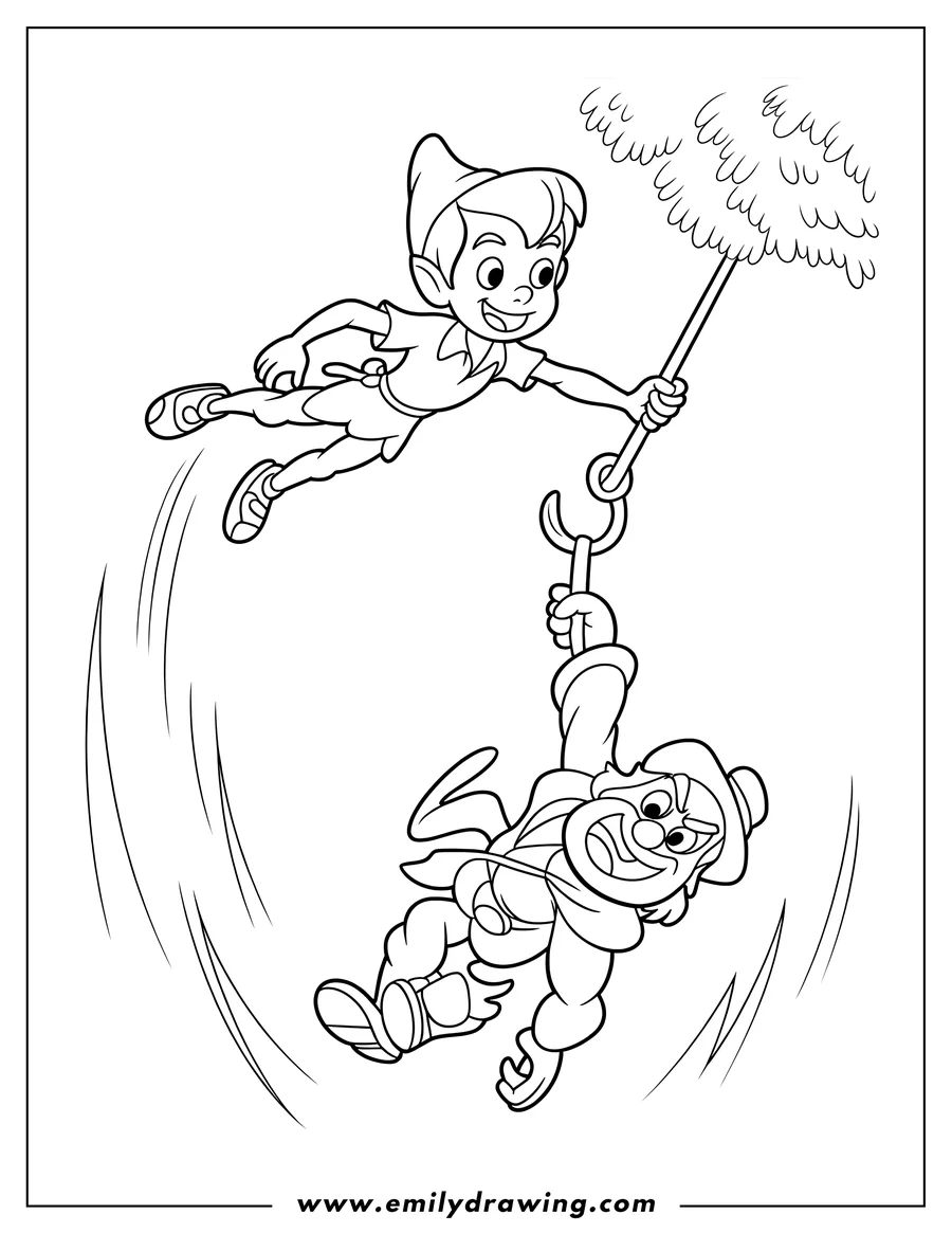 Line art of Peter Pan flying and holding Captain Hook's umbrella, causing him to fall.