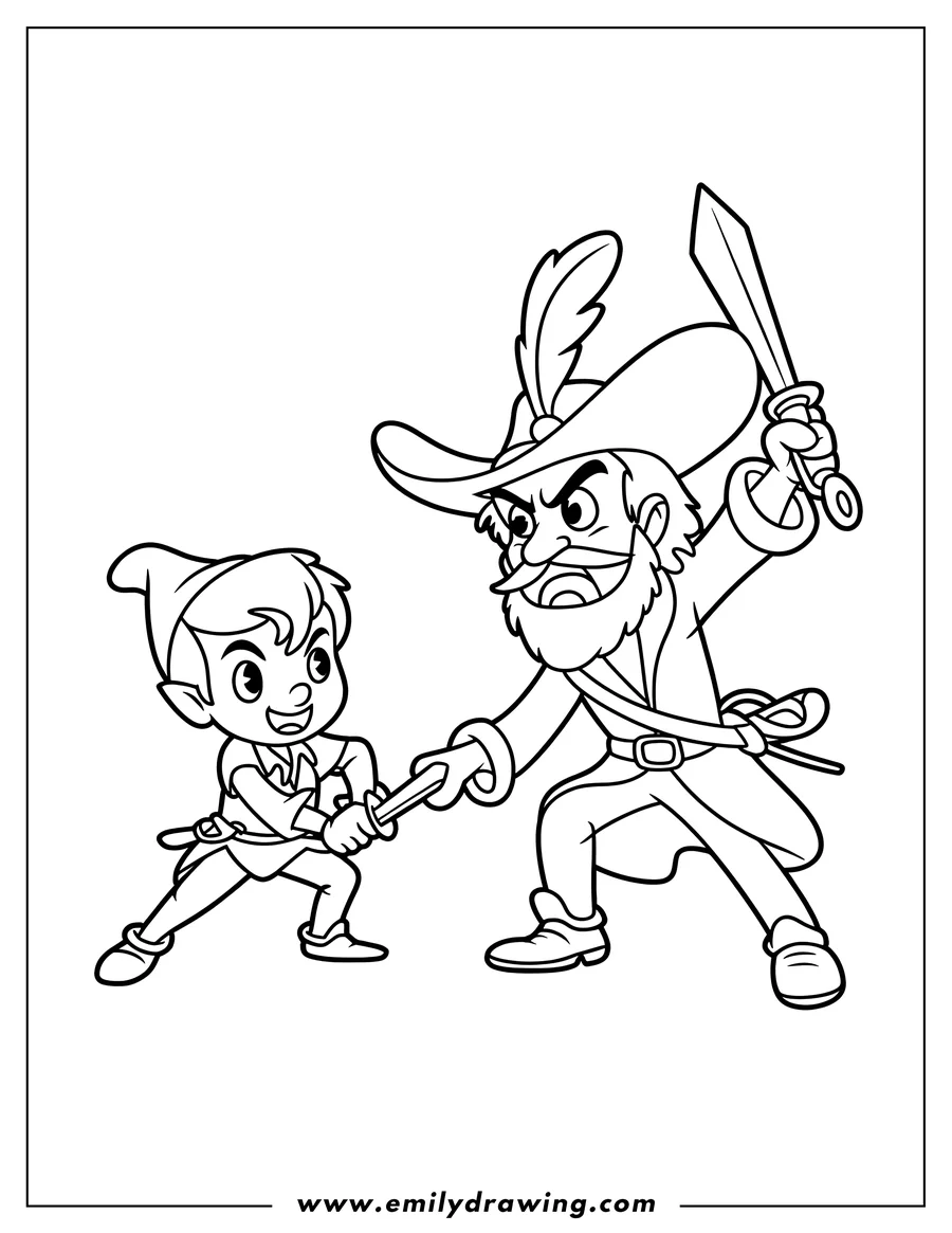 Line art of Peter Pan and Captain Hook engaged in a sword fight.