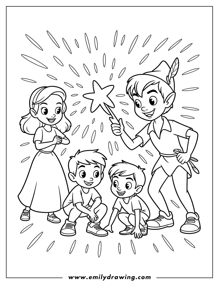 Line art of Peter Pan holding a star with two boys and a girl watching him.