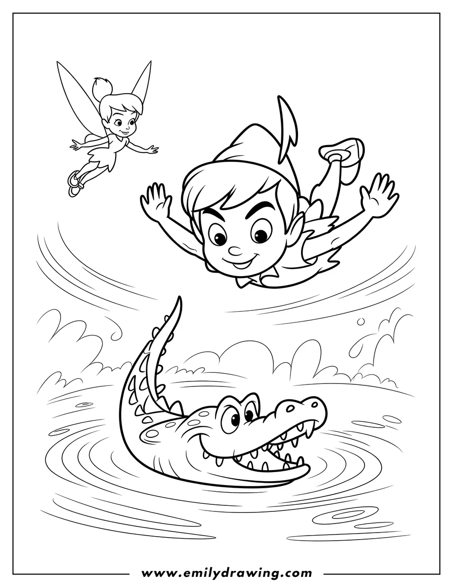 Peter Pan flying over a crocodile with Tinkerbell nearby. 