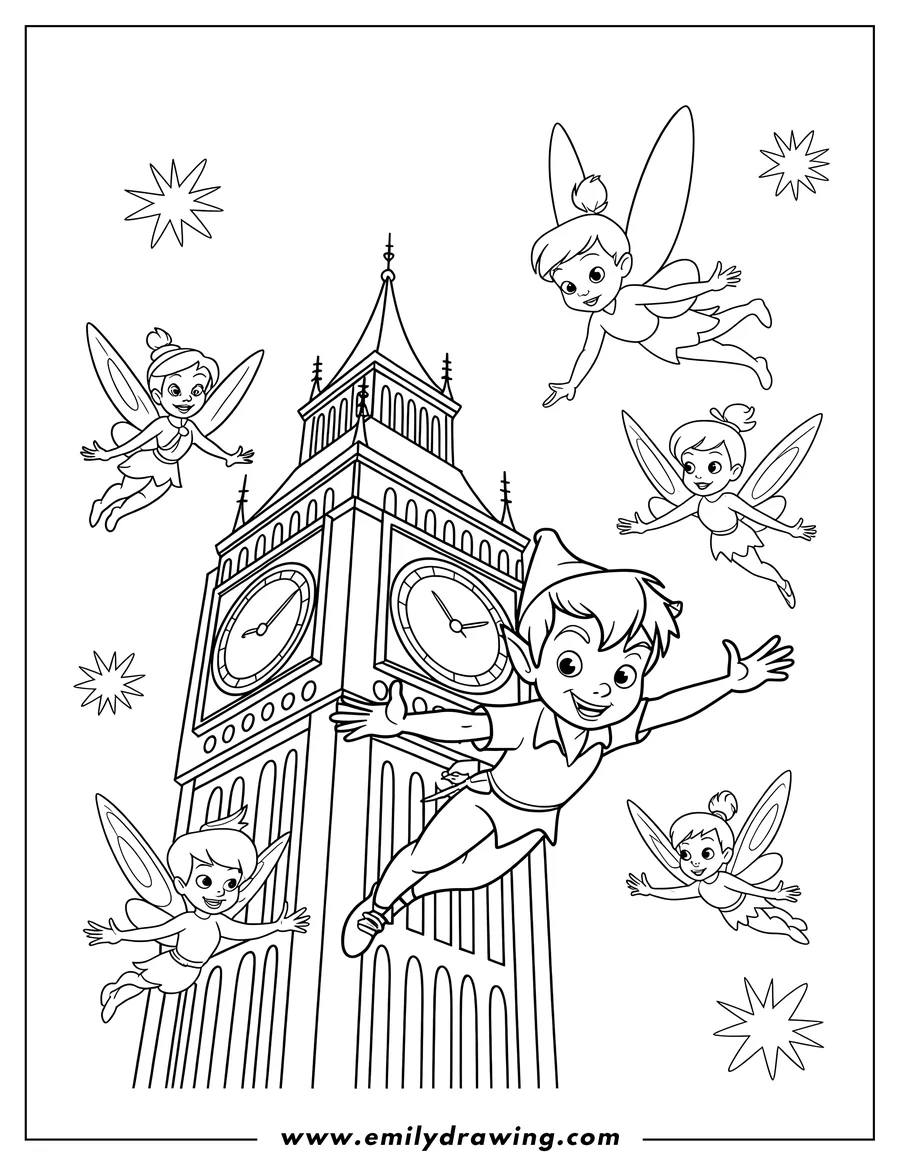 Peter Pan with fairies flying near Big Ben in London. This whimsical coloring page is perfect for kids.