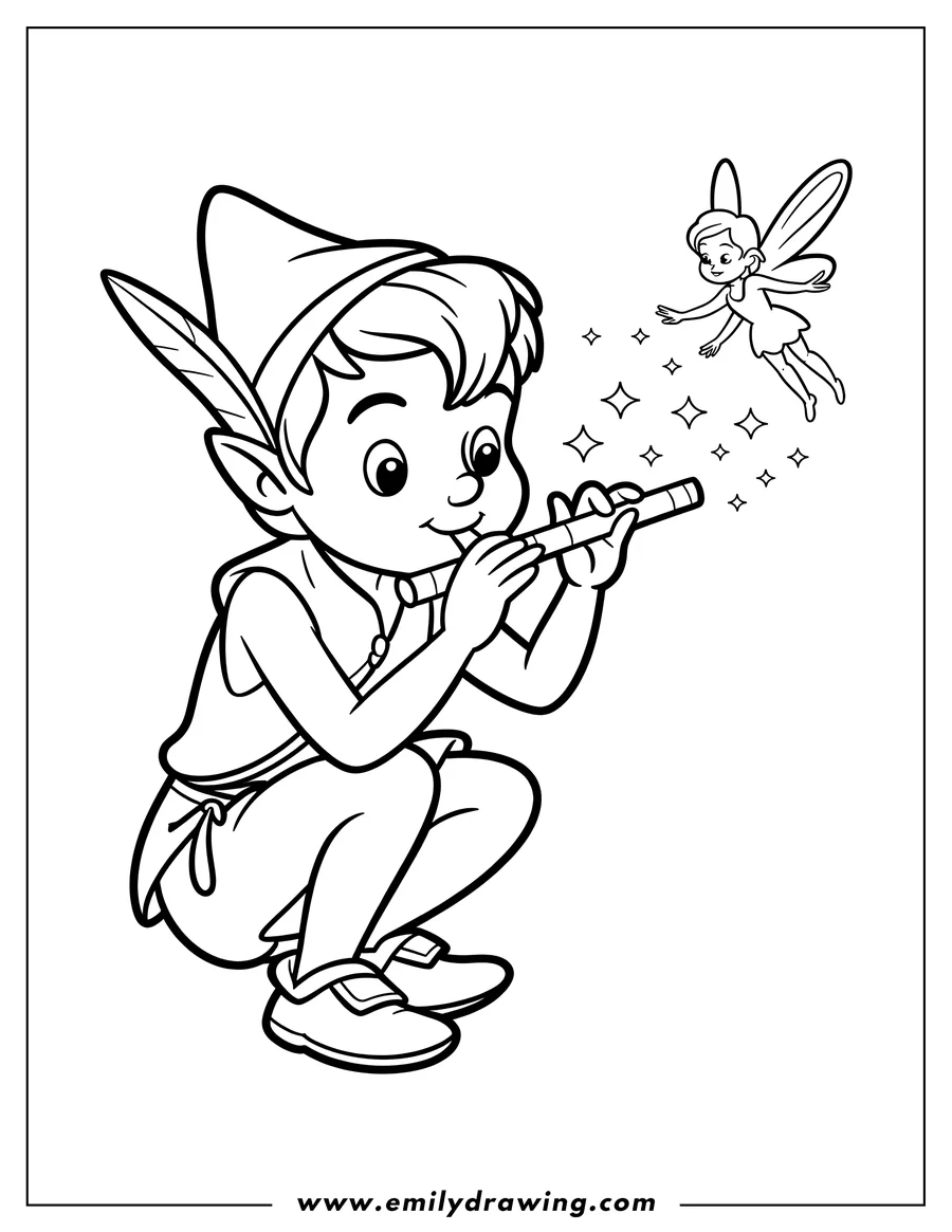 Line art of Peter Pan playing a pipe with Tinkerbell the fairy sprinkling magic dust nearby.