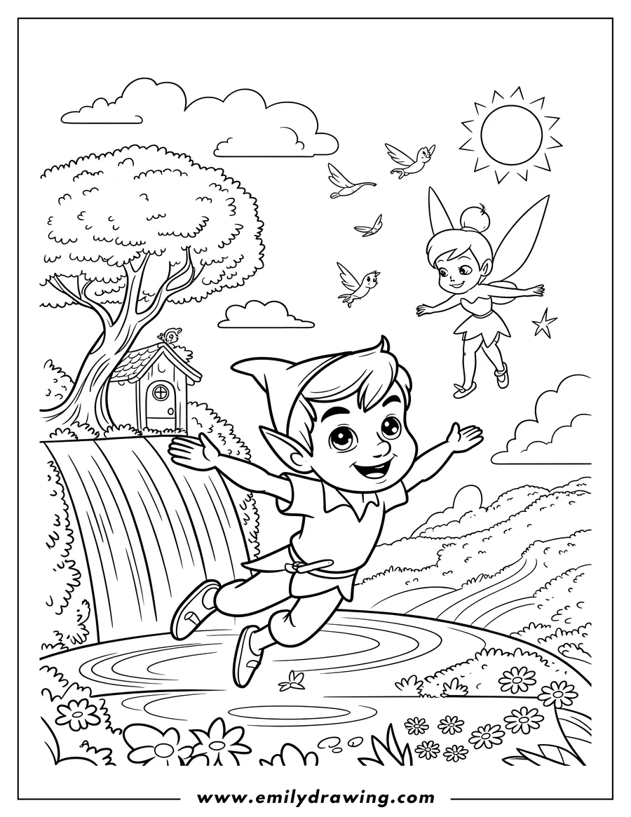 Peter Pan and Tinkerbell flying, with birds, a small house, and flowers and trees.