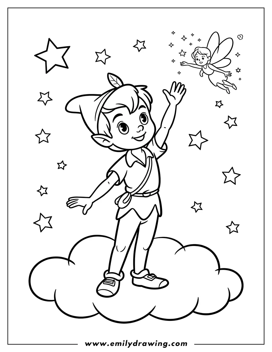 Line art of Peter Pan standing on a cloud waving to Tinkerbell, the fairy, who is surrounded by stars and fairy dust.