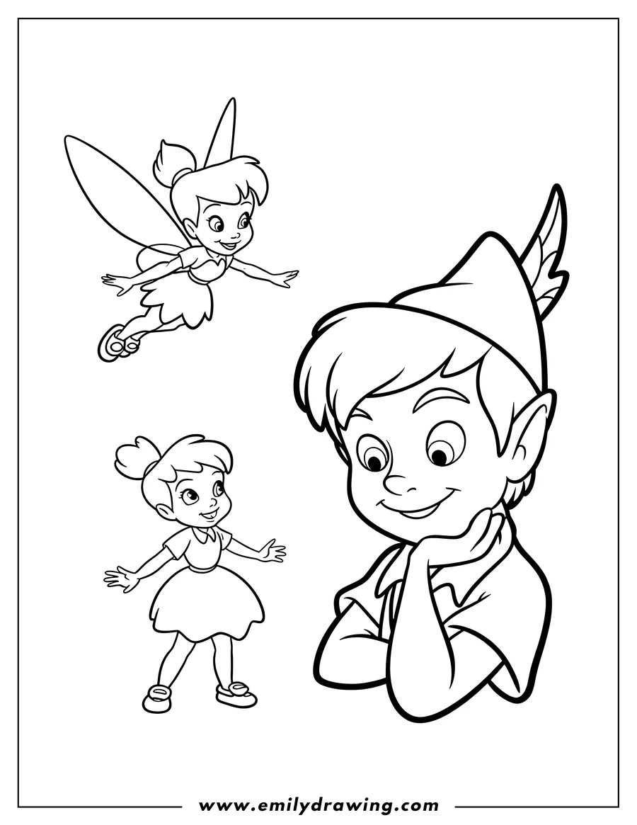 Line art of Peter Pan, Wendy, and Tinkerbell from Disney's Peter Pan.  Peter Pan has his iconic hat and is resting his head on his hand, Wendy stands with outstretched arms, and Tinkerbell flies above them.