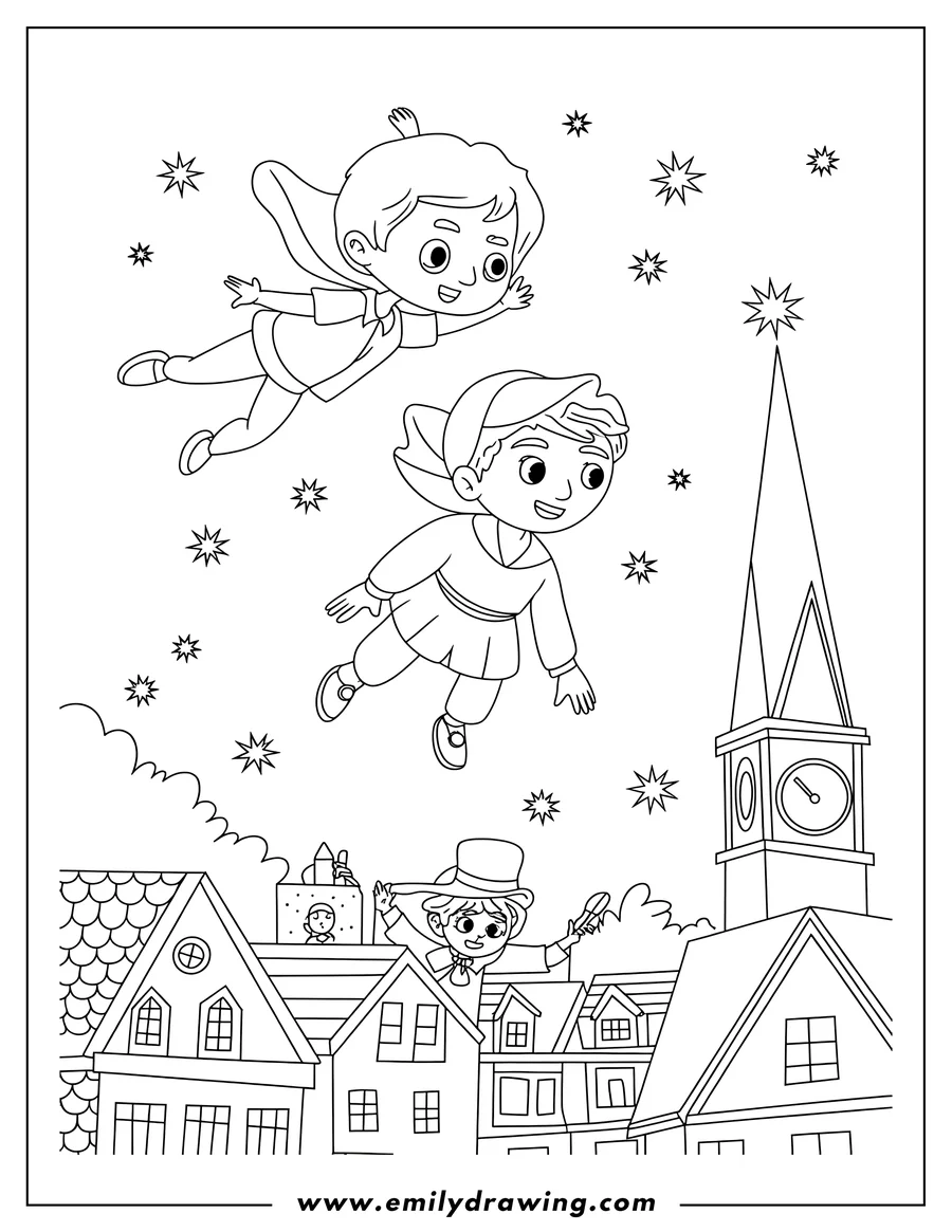 Line art of Peter Pan and John Darling flying over the rooftops of London, with Big Ben visible in the background.