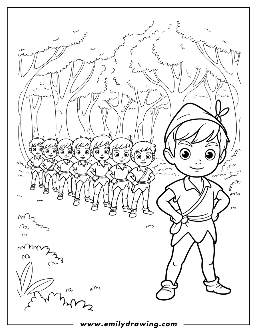 Peter Pan with his hands on his hips stands in front of his group of Lost Boys in a Neverland forest.