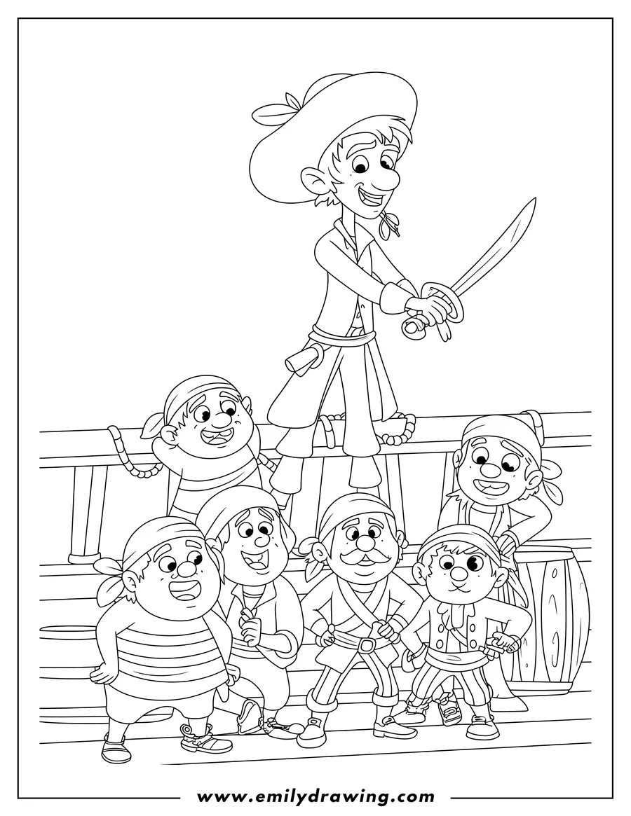Line art of Peter Pan standing on the deck of a ship with his sword, surrounded by the Lost Boys.