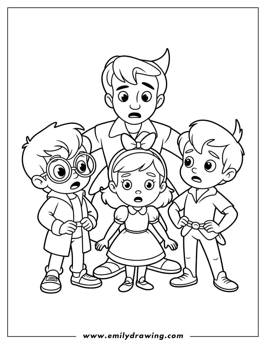 Line art of Peter Pan, Wendy, John, and Michael Darling with surprised expressions.
