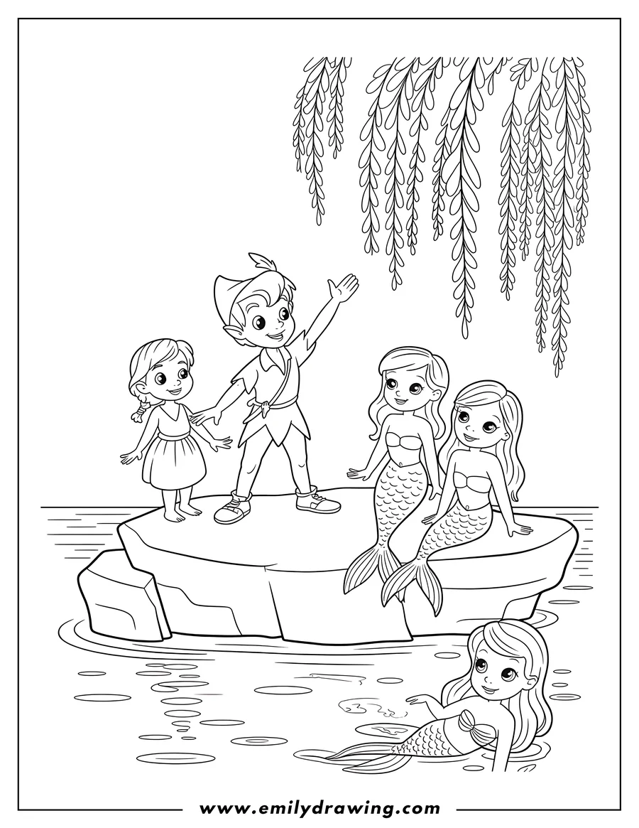 Peter Pan, a girl, and three mermaids by a rock in the water.