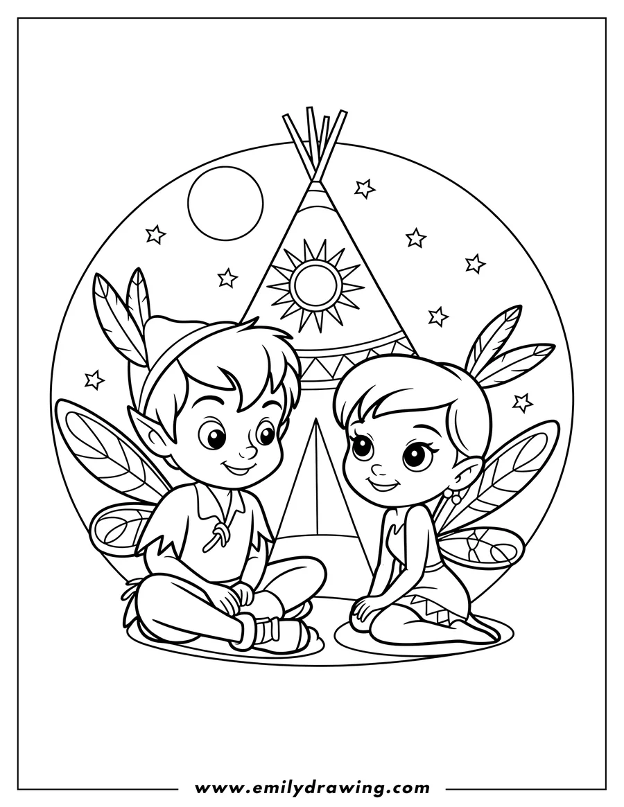 Line art of Peter Pan and Tiger Lily sitting by a teepee at night.  They both have feather headbands, and fairy wings. The background includes a stylized moon and stars. The teepee has a sun design.