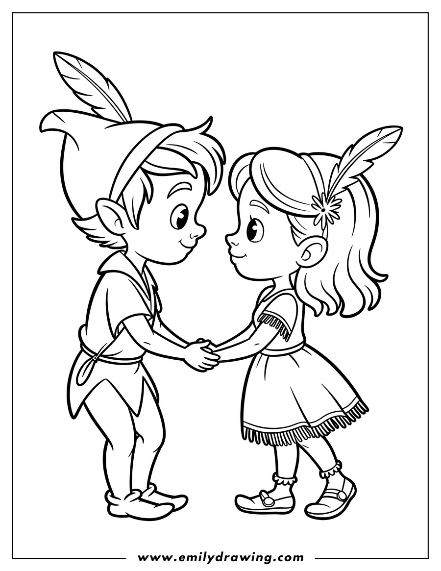 Peter Pan and Tiger Lily holding hands. Peter is wearing his signature feathered hat, while Tiger Lily wears a fringed dress and a feather in her hair. They are smiling at each other.