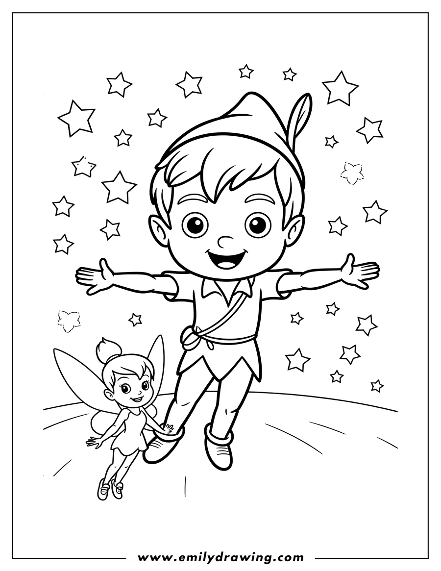 Line art of Peter Pan and Tinkerbell flying among the stars. Peter Pan has his arms outstretched, while Tinkerbell flies near his feet. They are both smiling.