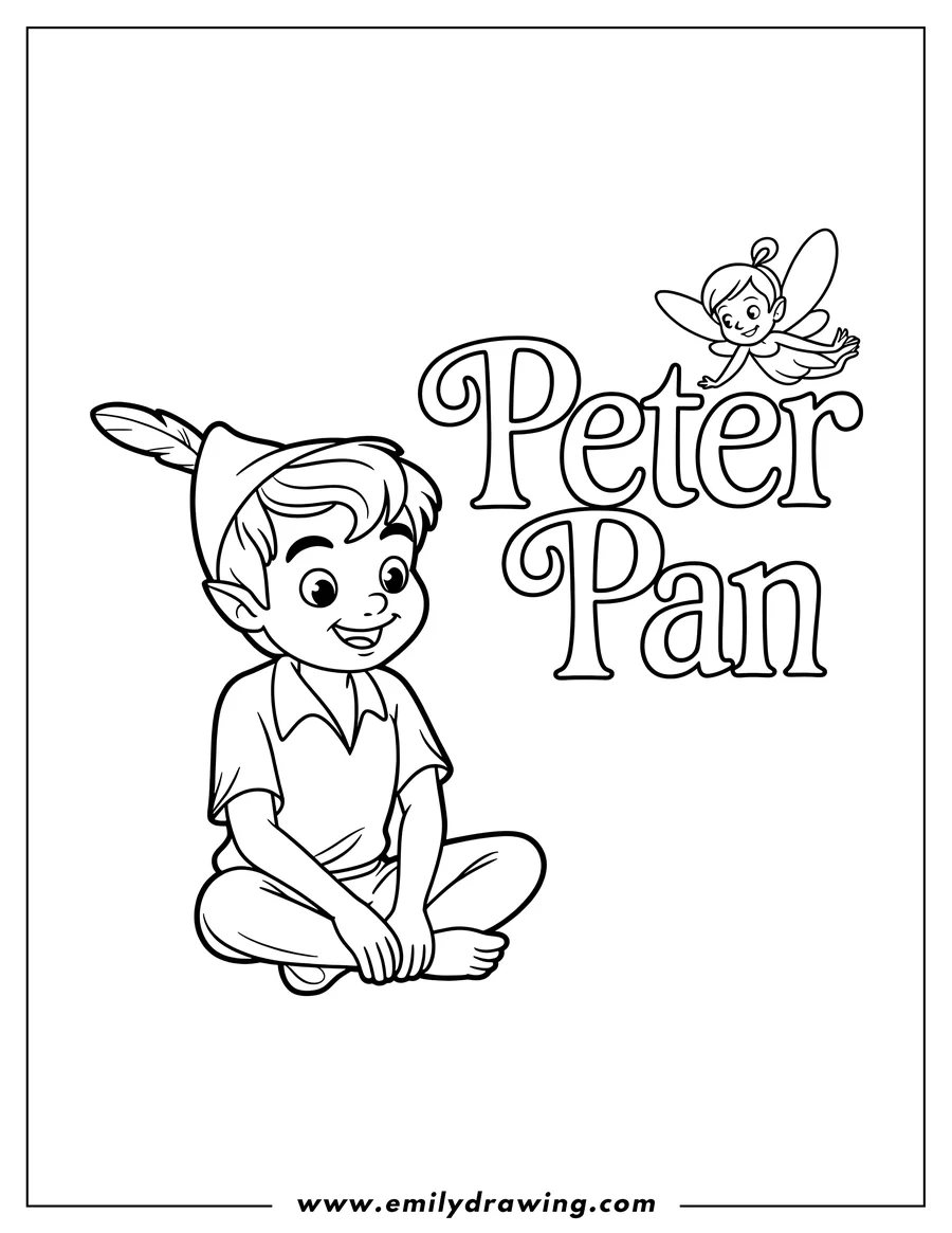 Outline of Peter Pan sitting cross-legged with Tinkerbell hovering nearby.