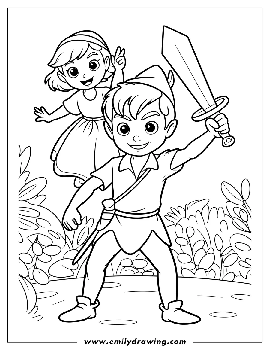 Peter Pan, holding a sword, stands with Wendy in Neverland.