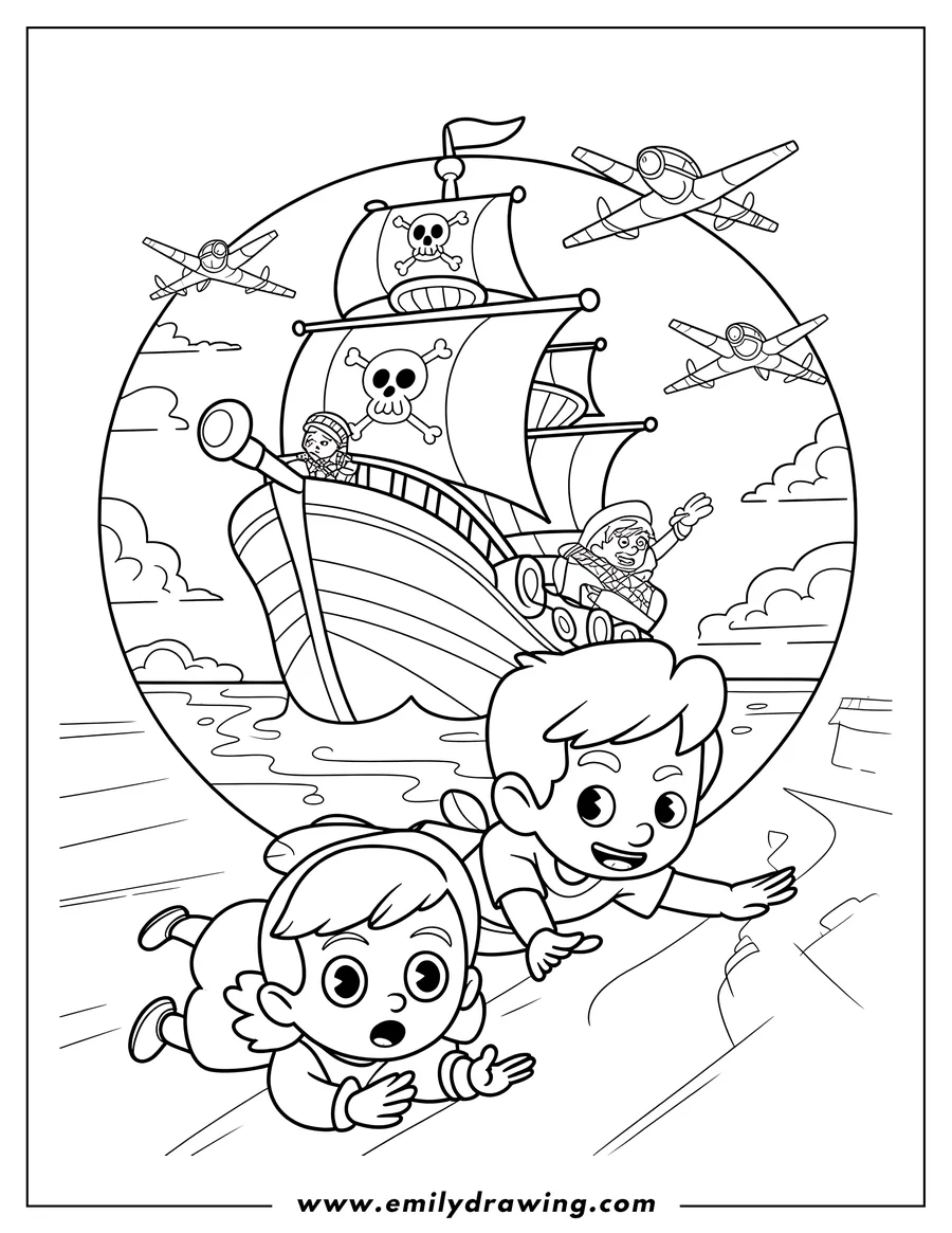 Line art of Peter Pan and Wendy flying, with Captain Hook's pirate ship in the background.