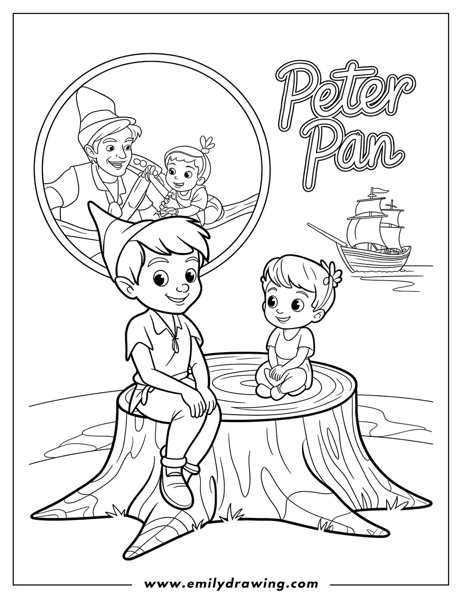 Peter Pan and Wendy sitting on a tree stump, with a thought bubble of them flying and a ship in the background.