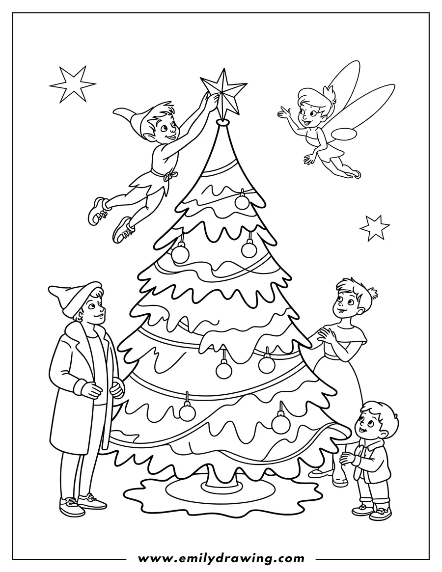 Line art of Peter Pan placing a star on top of a decorated Christmas tree, with Tinkerbell and children nearby.