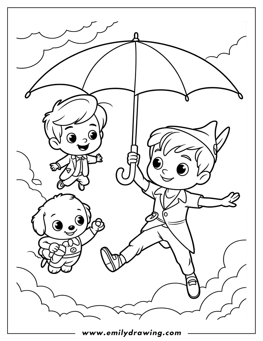 Peter Pan and two friends flying above the clouds. Peter Pan holds an umbrella while another boy and a puppy fly alongside him.