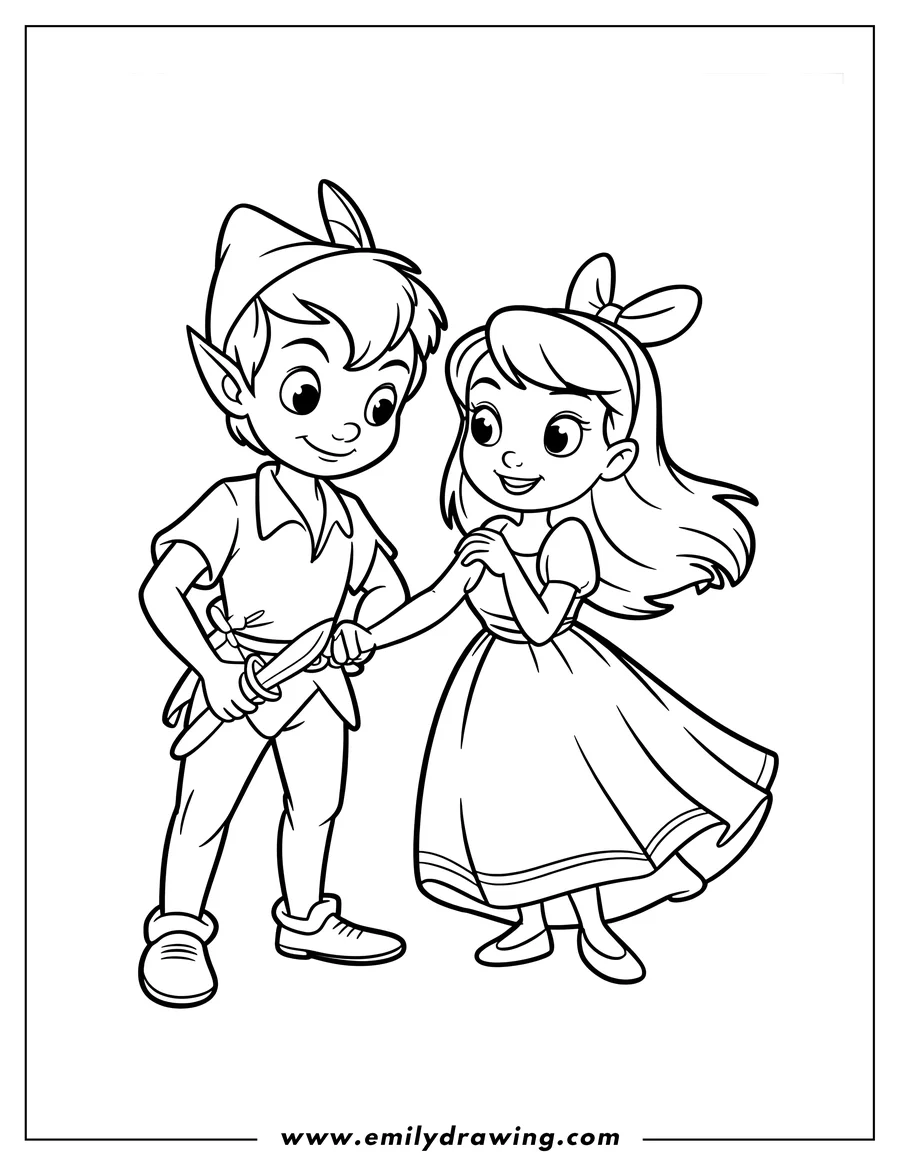 Line art of Peter Pan holding Wendy's hand. Peter Pan has a pointed hat and a sword, Wendy is wearing a dress with bows in her hair.