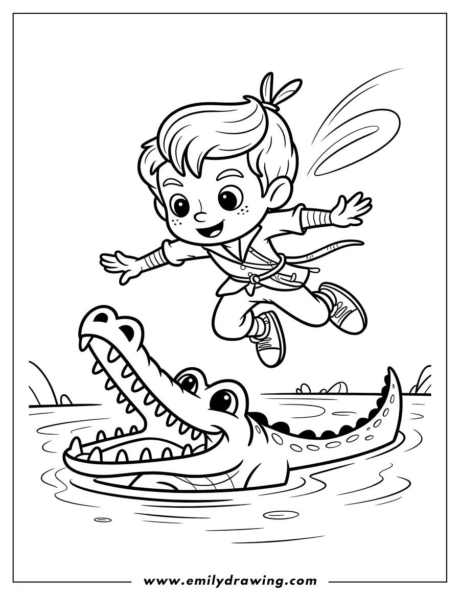 Outline of Peter Pan leaping over an open-mouthed crocodile in the water.