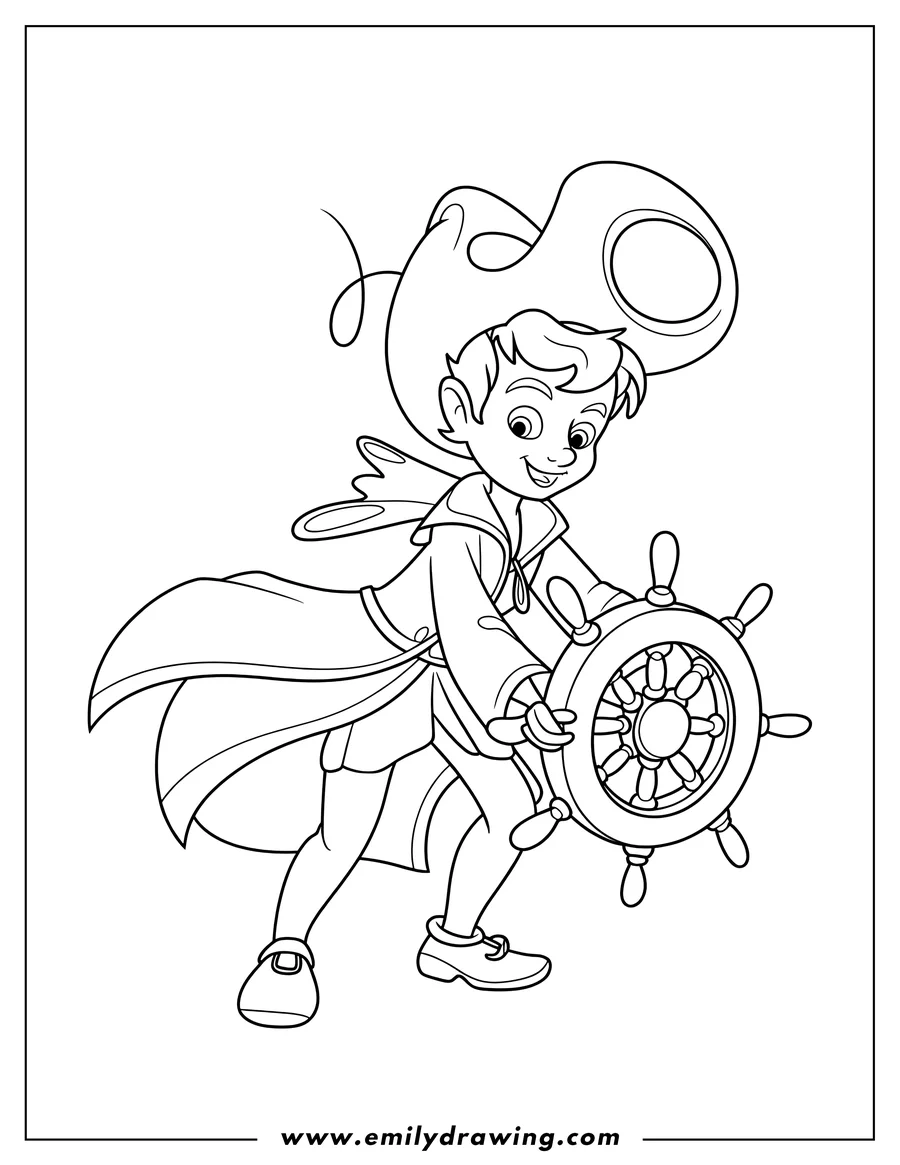 Line art of Peter Pan holding a ship's wheel, ready for adventure.