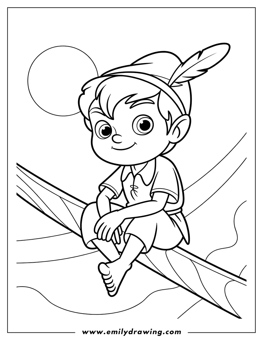 Line art of Peter Pan sitting on a rope with a feathered cap, against a backdrop of the moon.
