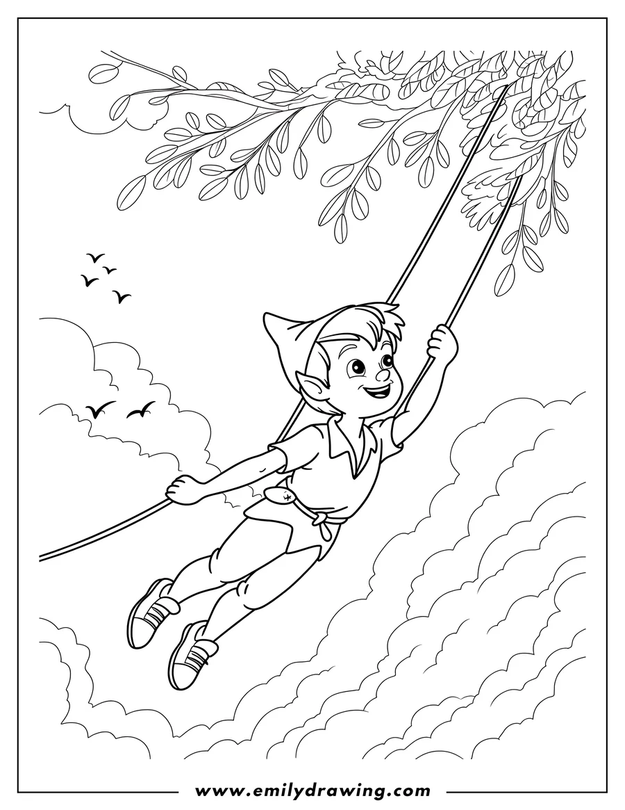 Peter Pan swinging from a tree branch high above the clouds