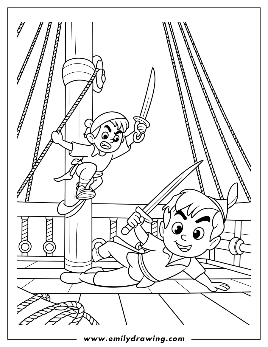 Outline of Peter Pan and a friend sword fighting on a ship. One boy climbs the mast while the other stands on the deck.