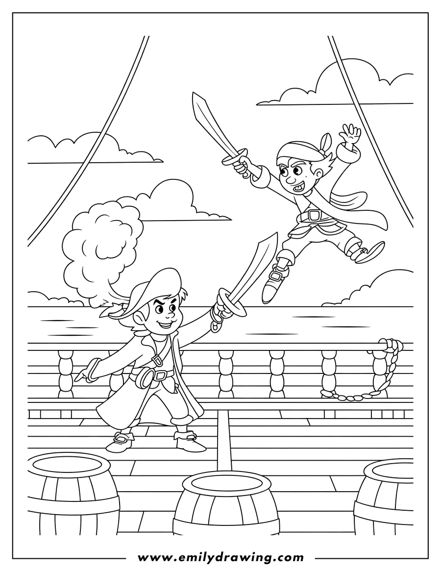 Two children dressed as Peter Pan sword fighting on a pirate ship deck. There are barrels nearby and a chain hangs from the railing.