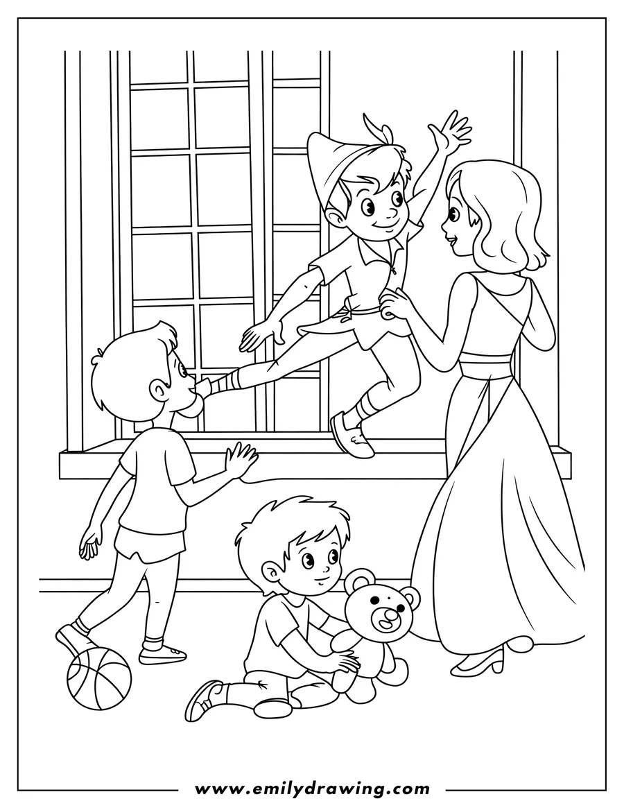 Peter Pan at a window greeting children. One child has a basketball, and another child holds a teddy bear.