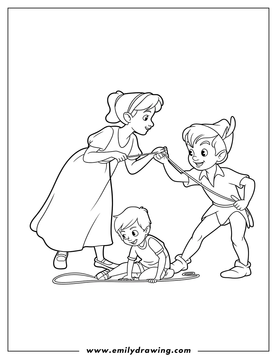 Outline of Peter Pan, Wendy, and John playing with string, creating an outline of a pirate ship