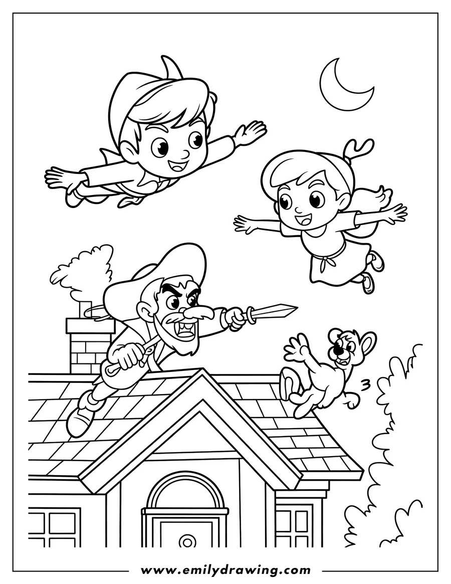 Line art of Peter Pan, Wendy, and Captain Hook on a rooftop. Captain Hook is holding a sword and Nana the dog is falling off the roof.