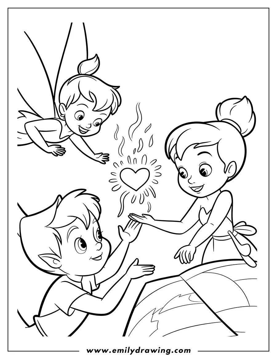 Line art of Peter Pan, Wendy, and a fairy with a glowing heart.  Wendy reaches out a hand toward the glowing heart.