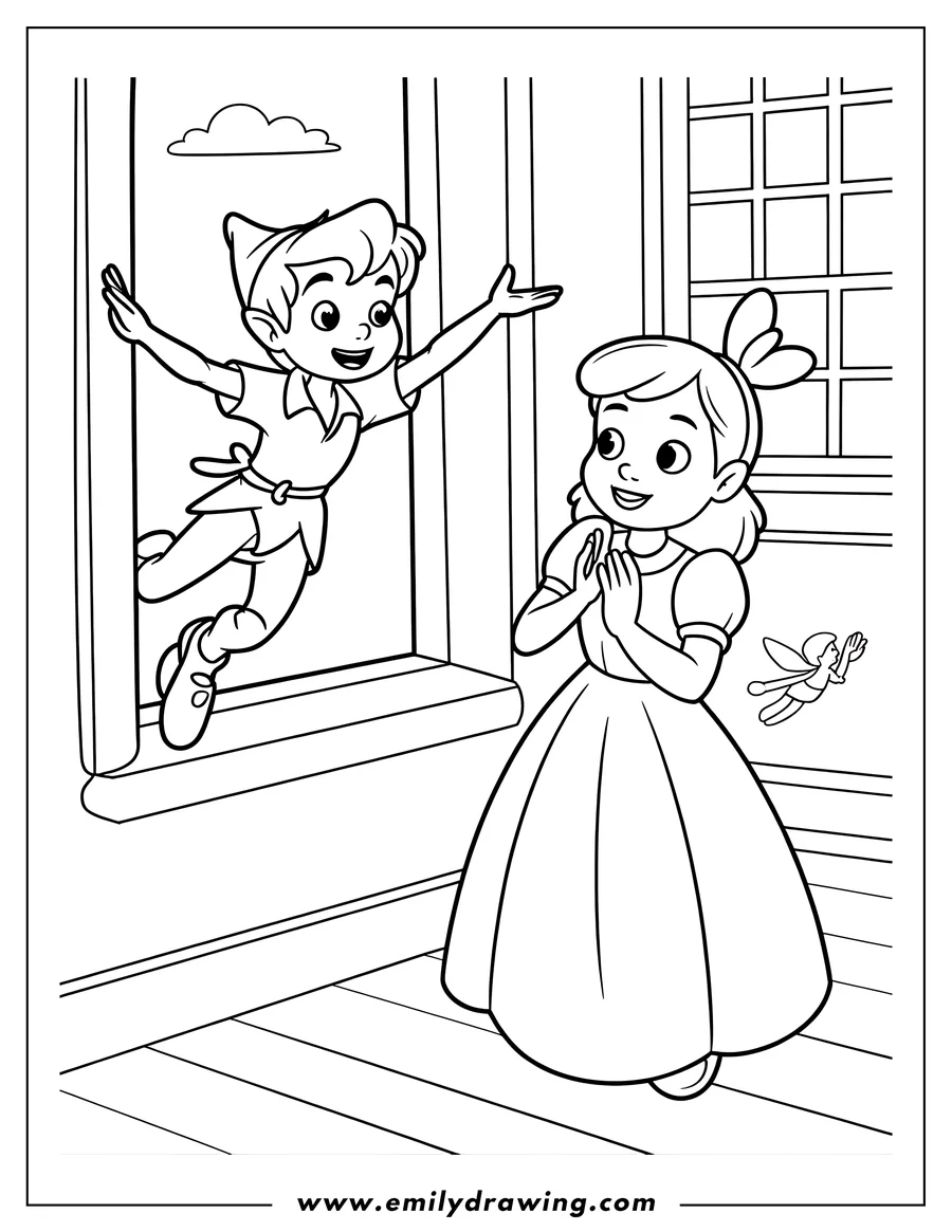 Peter Pan at a window, waving to Wendy, who is inside.  Tinkerbell flits nearby.