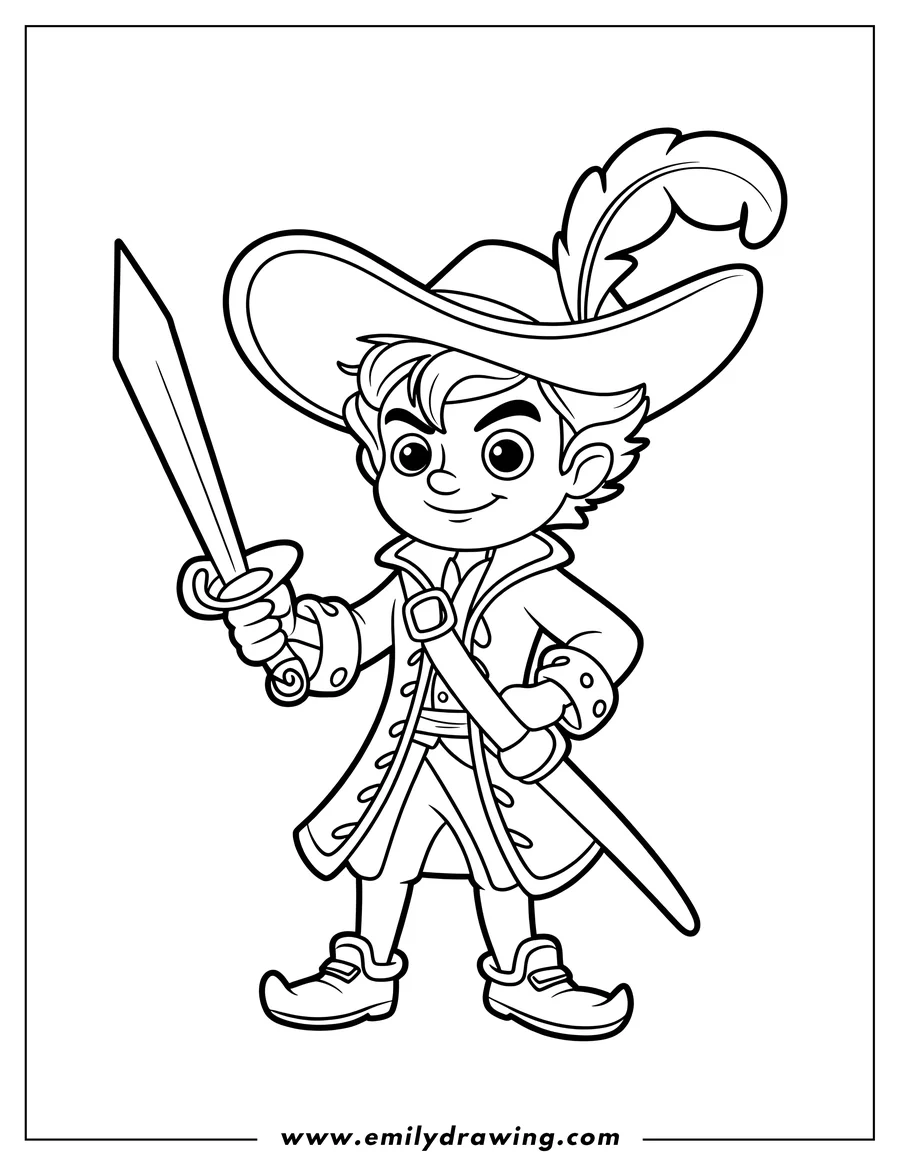 Line art of Peter Pan holding a sword, ready for adventure.