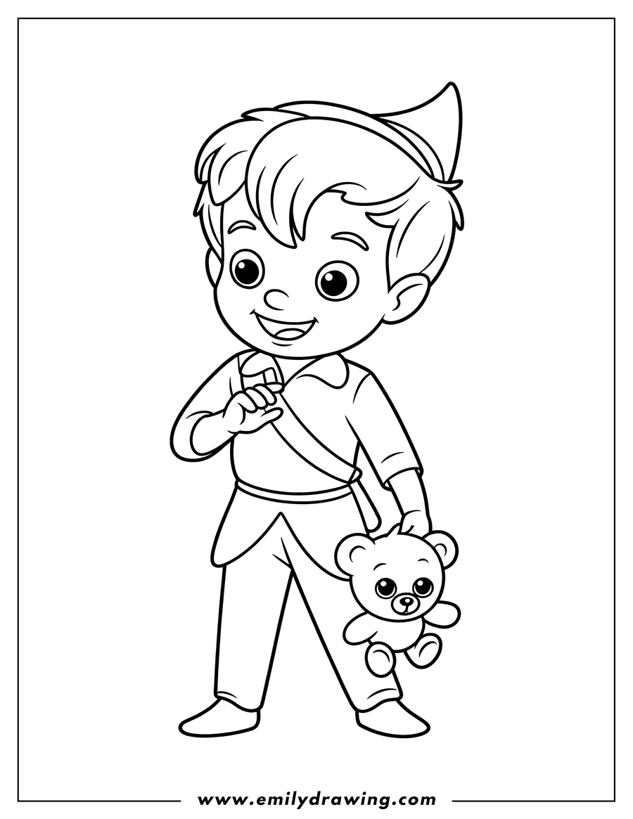 Outline of Peter Pan holding a teddy bear. He wears his signature pointed hat and a tunic. He has a happy, playful expression.  Perfect for coloring!
