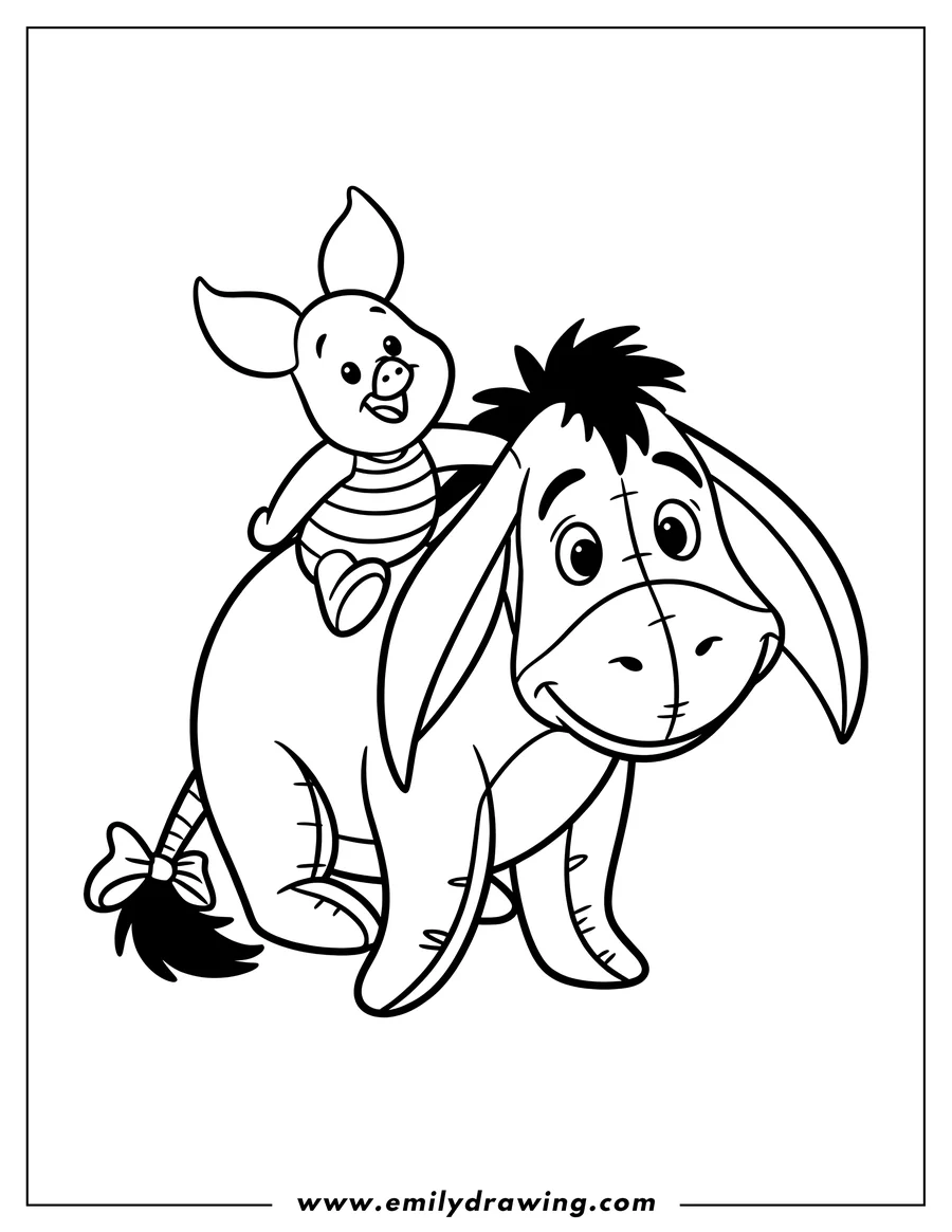 Line art of Piglet sitting on Eeyore's back. Eeyore has a bow on his tail.