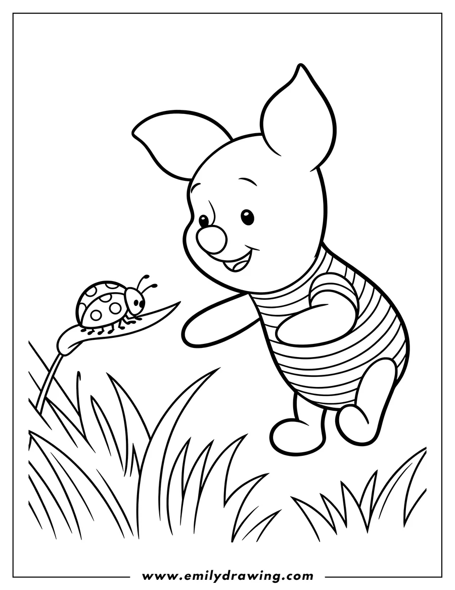 Outline of Piglet from Winnie the Pooh looking at a ladybug on a leaf.