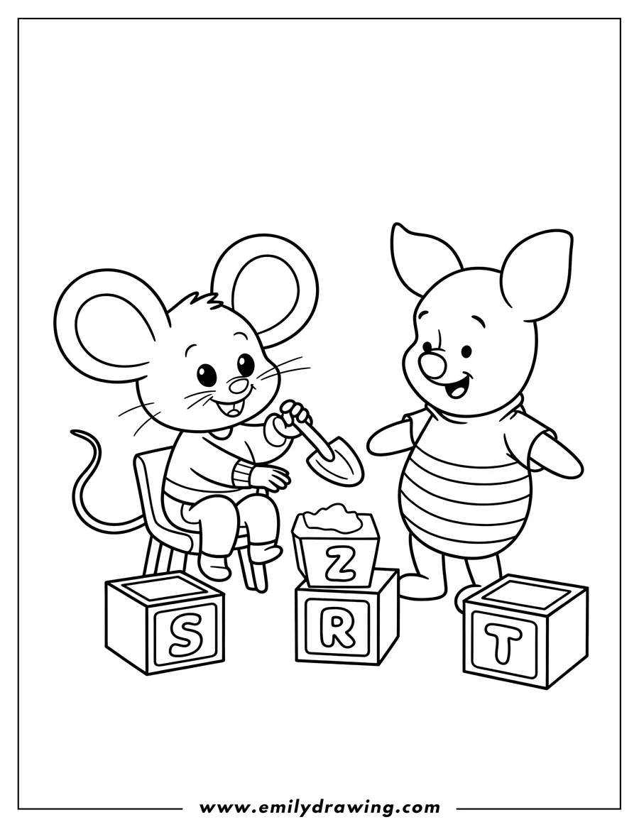 Line art of Piglet and Mouse playing with alphabet blocks. Mouse sits on a chair and holds a small shovel, while Piglet stands beside a block.