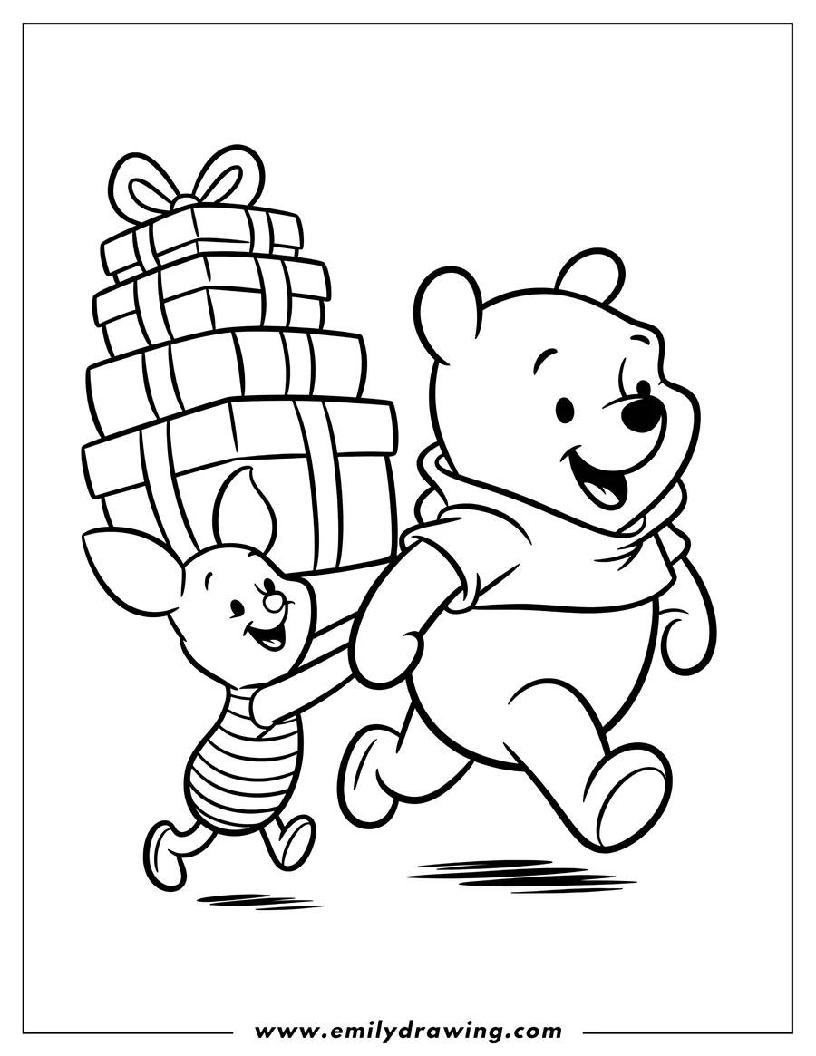 Outline of Piglet and Winnie the Pooh carrying a stack of gifts. Piglet is at the front, holding the bottom gift, and Pooh is behind him.