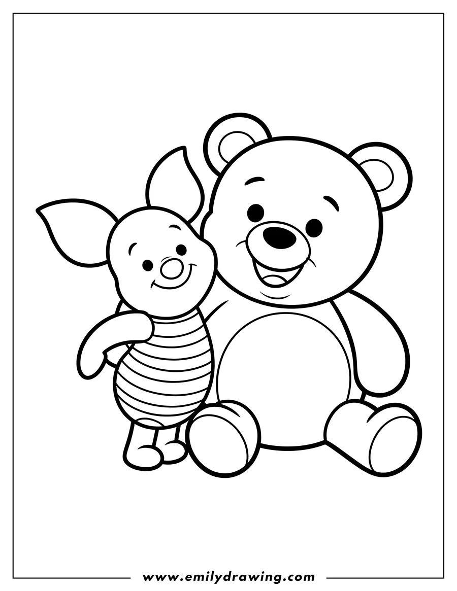 Line art of Piglet and Pooh standing side by side. Piglet wears a striped shirt, and Pooh has a cheerful expression.