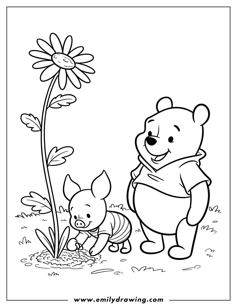 Line art of Piglet planting near a tall flower with Winnie the Pooh standing nearby. A simple and cheerful scene from Winnie the Pooh.