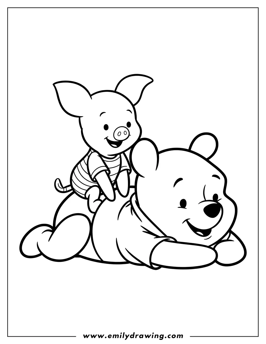 Outline of Piglet sitting on Winnie the Pooh's back. Both characters are smiling.