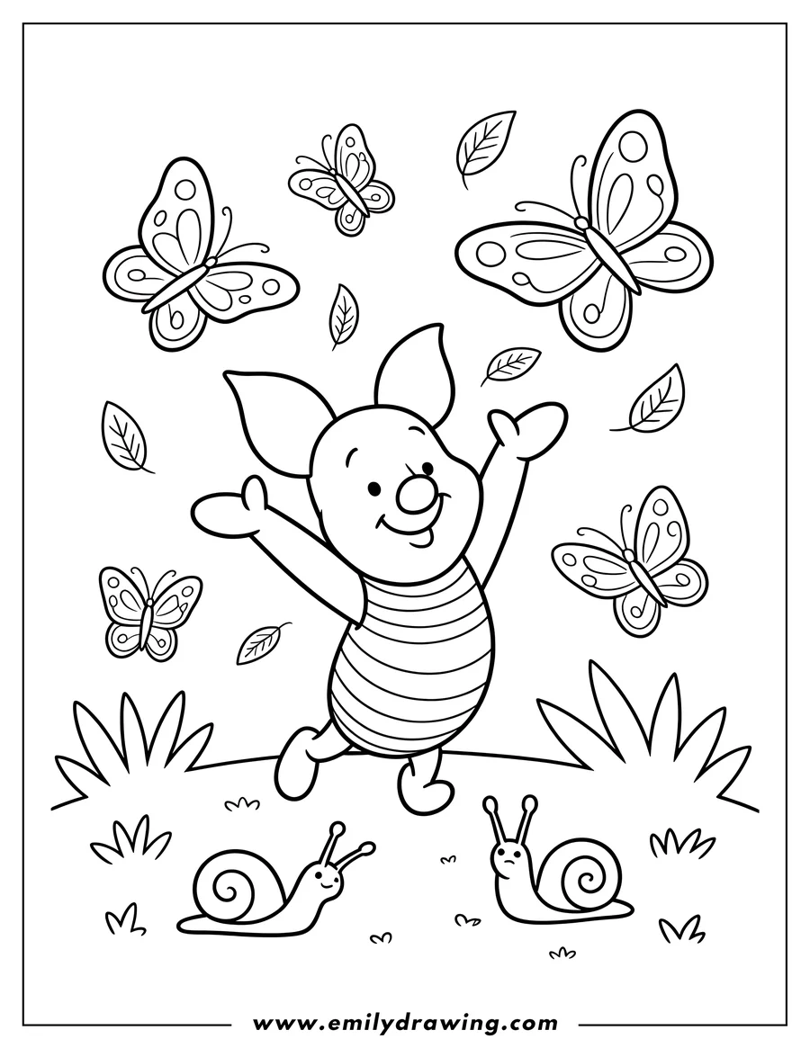 Line art of Piglet from Winnie the Pooh, surrounded by butterflies and leaves, with two snails at his feet.